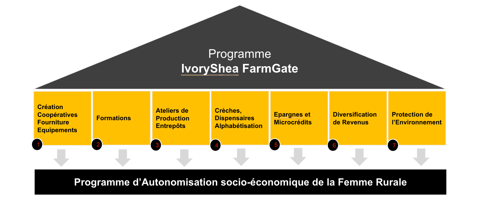 Schéma du programme IvoryShea FarmGate : sept piliers (coopératives et équipements, formations, ateliers de production et entrepôts, crèches, dispensaires et alphabétisation, épargnes et microcrédits, diversification des revenus, protection de l'environnement) soutenant le programme d'autonomisation socio-économique de la femme rurale